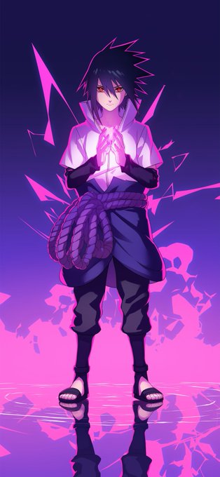 An anime-style illustration featuring a character with spiky black hair wearing a white hooded top and dark pants, holding a glowing pink object in their hands amidst a purple and pink background.