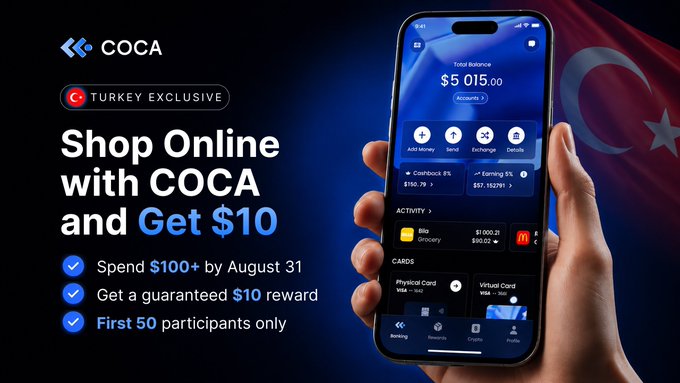 A promotional graphic advertises COCA Card's Turkey-specific offer, displaying "COCA," "Trendyol," and "Hepsiburada" branding alongside details like "$1,015.23" balance, "5.00% / 1.62%" rates, "1.8%" cashback, and the tagline "Easy abroad and such," which directly supports the post's recommendation of COCA as a foreign-friendly crypto card for Turkish online shopping.