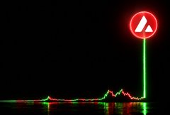 A stock chart or candlestick graph is shown with a red triangular warning icon at the top, suggesting market volatility or a significant downturn.