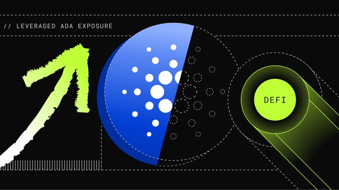 An infographic titled '// LEVERAGED ADA EXPOSURE' showing the Cardano logo, an upward arrow, and a circle labeled 'DEFI'.