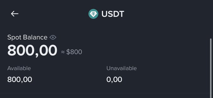 A crypto wallet interface showing a USDT spot balance of 800.00 (~$800), fully available.