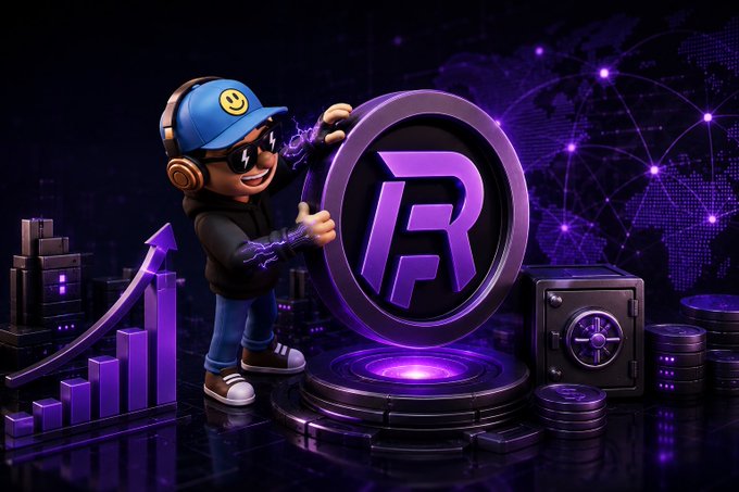 The image features a cartoon character wearing sunglasses and holding up a purple coin with "P" written on it. The cartoon character appears to be standing next to a black box labeled "50,000 USDC Genesis Campaign", suggesting that they are participating in an online fundraising campaign for RealFin's 50,000 USDC Genesis Campaign.

The image also includes various other elements such as a graph and some coins scattered around the cartoon character. The overall scene conveys a sense of fun and excitement related to the fundraising campaign.