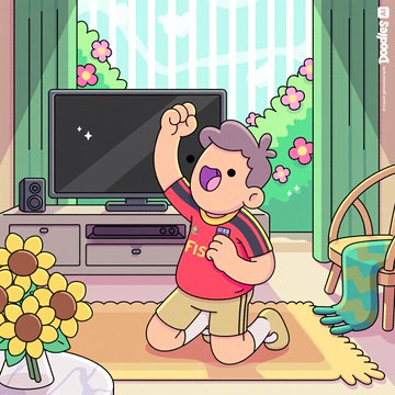 An illustration of a cheerful boy kneeling on a rug in a living room, holding a red controller with his arm raised in excitement, with a TV, sunflowers, and a window in the background.