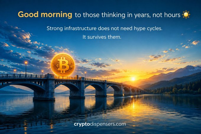 A scenic landscape at sunset with a bridge over water, featuring a golden Bitcoin coin and the text 'Good morning to those thinking in years, not hours. Strong infrastructure does not need hype cycles. It survives them.' along with 'cryptodispensers.com'.