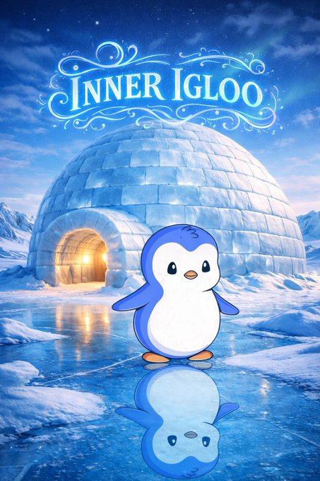 An illustrated poster for 'INNER IGLOO' showing a cartoon penguin standing on icy ground with its reflection, in front of a glowing igloo under a starry sky.