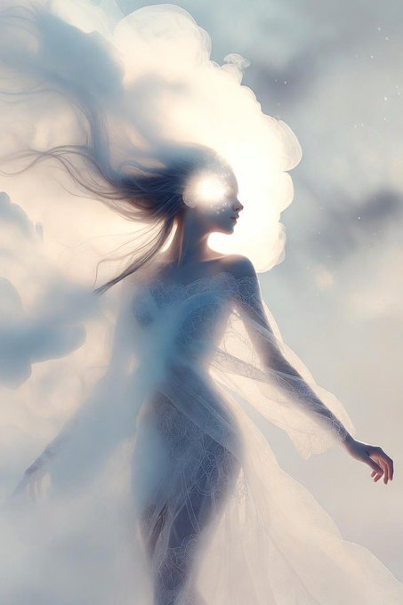 A fantasy digital painting of a glowing ethereal woman in a flowing white dress, surrounded by luminous clouds with bright light emanating from her forehead.