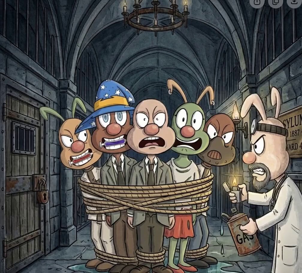 The image features five cartoon characters tied up together with ropes, including a man wearing a tie who appears to be a doctor. The characters are depicted as being delusional or crazy, which adds an element of humor to the scene. The caption provided suggests that this is likely a joke or prank created by someone, possibly for social media purposes.