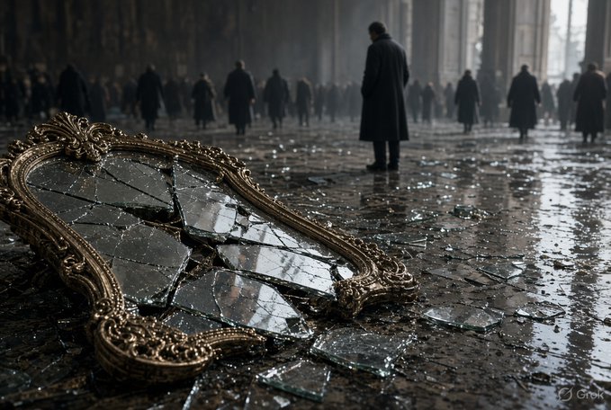 A dark, atmospheric digital artwork showing an ornate broken mirror lying on a wet, muddy ground, with shadowy figures in long coats walking through a grand, foggy hall in the background.