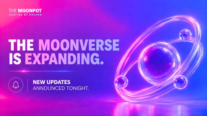 A vibrant promotional graphic for "The Moonpot" (audited by Hacken) announces "THE MOONVERSE IS EXPANDING" in bold text, with "NEW UPDATES ANNOUNCED TONIGHT" displayed alongside a glowing 3D planetary ring illustration in pink and purple hues. The image visually reinforces the post's teaser by building anticipation for an upcoming reveal in the Moonverse ecosystem.