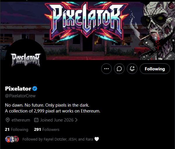 The image shows a dark pink and blue photo of an adult male skull in sunglasses, accompanied by text that appears to be related to a video game or social media account. The main focus of the image is the skull with sunglasses, while the surrounding background seems less significant at first glance.

However, the text on the post includes information about pixel art and a "Collection of 2999 pixel art works on Etherum". This text suggests that there may be an ongoing collaboration or distribution of pixel art involving the game or social media account. The image also mentions other people who have joined the collection in June 2023.