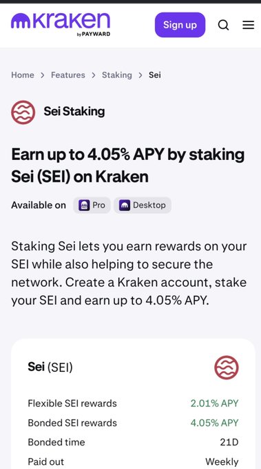 A screenshot of the Kraken cryptocurrency exchange website showing the Sei Staking page with the text 'Earn up to 4.05% APY by staking Sei (SEI) on Kraken' and details for flexible and bonded SEI rewards.