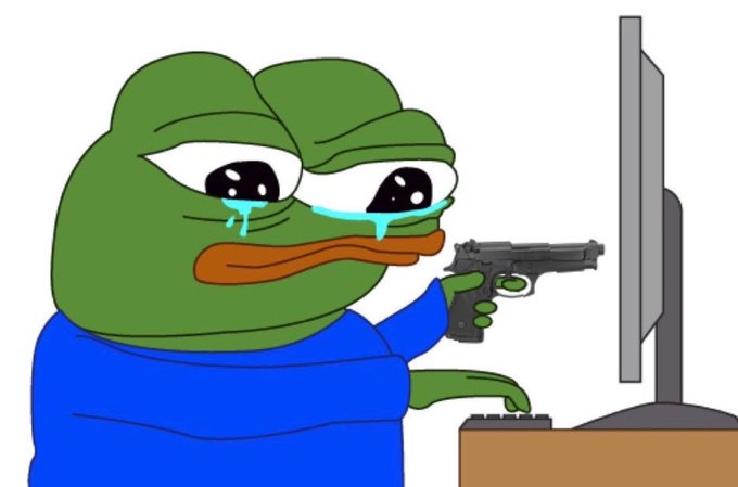 A cartoon frog with large teary eyes is depicted holding a handgun pointed at a computer monitor while typing on a keyboard.
