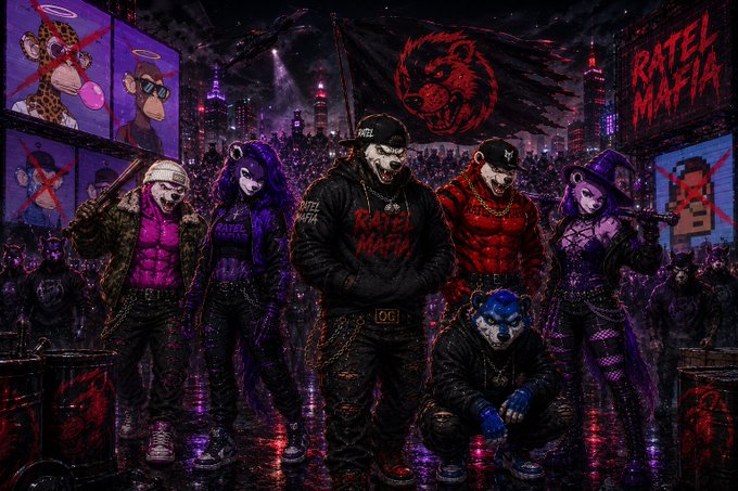 A dark, stylized digital artwork featuring anthropomorphic animal characters wearing masks and streetwear, with 'RATEL MAFIA' displayed on a hoodie and banner in a cyberpunk cityscape.