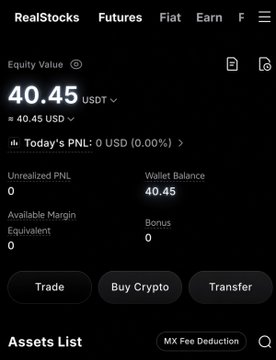 A MEXC app screenshot showing a RealStocks portfolio with an Equity Value of 40.45 USDT, a zeroed-out PNL, and an Assets List section—consistent with a user having received the $40 Futures Bonus mentioned in the accompanying post.