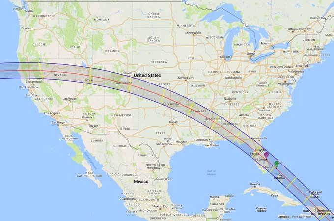 Map of the United States showing projected paths crossing from California through the southern states and curving toward Florida and the Bahamas.