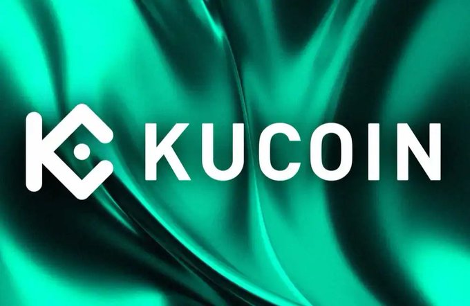 The image displays the KuCoin logo and name in white against a flowing, abstract green background, visually representing the brand referenced in the news about KuCoin achieving ISO 22301:2019 Business Continuity Management System certification.
