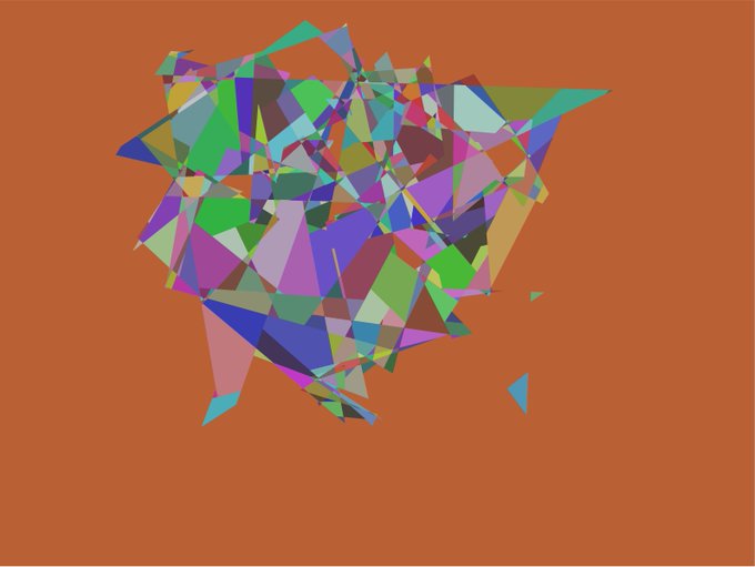 An abstract digital artwork featuring a cluster of multicolored geometric triangles against a solid orange background.