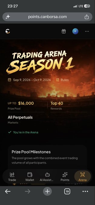 A mobile screenshot of the points.canborsa.com website showing a 'Trading Arena Season 1' event running Sep 9, 2026 - Oct 9, 2026 with a $16,000 prize pool and Top 40 rewards.