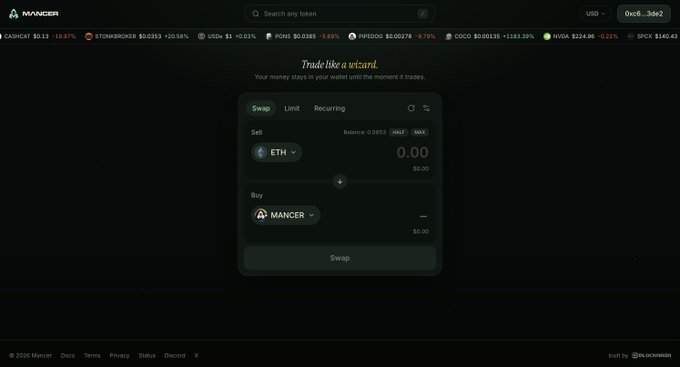 A screenshot of the Mancer DEX interface shows the swap tool configured to trade ETH for Mancer tokens, with a balance of 0.0053 ETH and 0.00 entered in the sell field. Top of the screen displays market tickers including CATXAT at $8.13 (+9.87%), STONECRUSHER at $0.0353 (+0.58%), and MYDA at $22.4.96 (-0.12%), aligning with the post's excitement about joining the new Mancer platform via NFT-holder access.