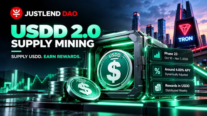 An advertisement for JustLend DAO promoting 'USDD 2.0 SUPPLY MINING' on the TRON network, highlighting 'Phase 23, Oct 10 – Nov 7, 2026' and 'Around 4.00% APY.'