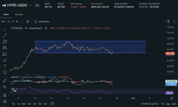 Trading chart for the HYPE-USDC trading pair on a Hyperliquid interface, displaying the Mark price at 88.125 with a -3.26% 24h change, $405,381,342.06 in volume, and price action oscillating within a highlighted consolidation zone.