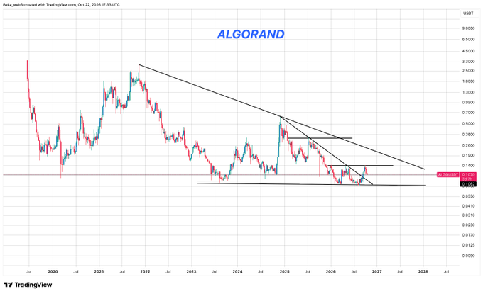 A TradingView weekly chart for Beksacred.io/ALGO on USDT, titled “ALGORAND,” showing a long-term decline from 2022 to 2026 with diagonal trendlines and a current price near 0.11 USDT.