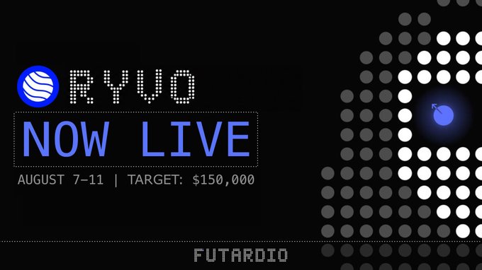 A promotional graphic reads 'RYUO NOW LIVE AUGUST 7-11 | TARGET: $150,000' with 'FUTARDIO' at the bottom, featuring a blue globe logo and dot patterns.