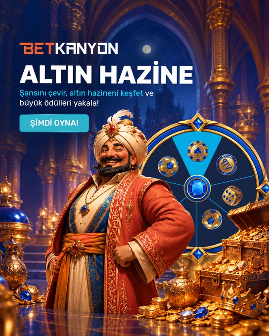 An advertisement for "BETKANYON ALTIN HAZİNE" featuring a smiling man in ornate Middle Eastern attire next to a blue wheel of fortune and piles of gold.