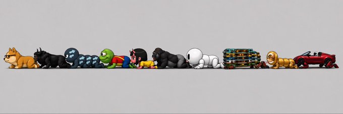 A 3D-rendered lineup of small stylized toy-like characters arranged in a row, including a dog, cats, a t-rex, humanoid figures, a gorilla, a white creature, a stack of books, a yellow figure, and a red race car.