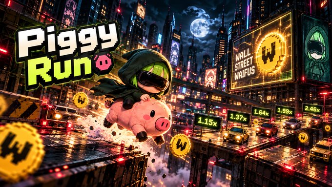 Promotional artwork for 'Piggy Run' featuring a pig with a green-clad rider in a futuristic cityscape, displaying multiplier values from 1.15x to 2.46x alongside a 'WALL STREET WAIFUS' billboard.