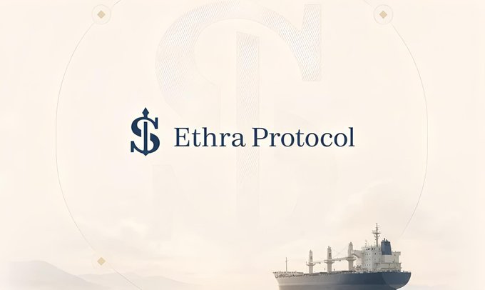 A logo for 'Ethra Protocol' with a stylized 'S' symbol and an image of a cargo ship at the bottom, set against a beige background with a faint watermark.