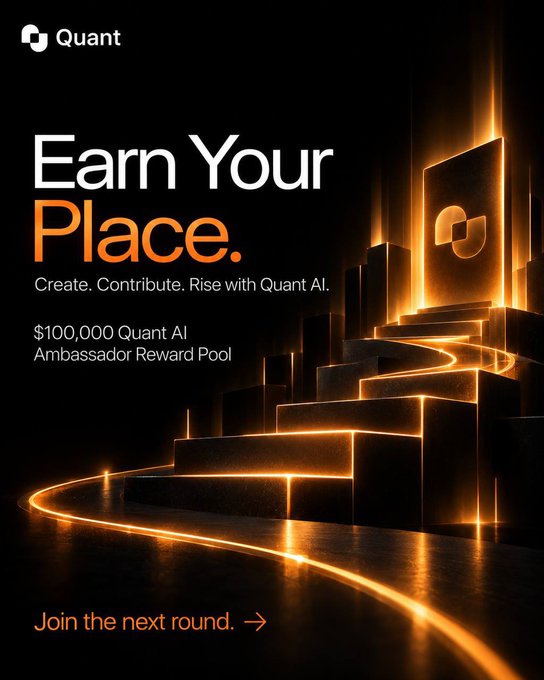 An advertisement for Quant featuring the tagline "Earn Your Place. Create. Contribute. Rise with Quant AI." and promoting a $100,000 Quant AI Ambassador Reward Pool.