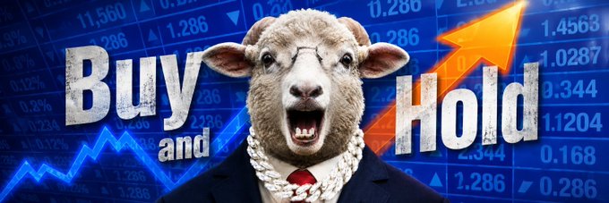 A meme image features a screaming sheep wearing a suit and tie with the words 'Buy and Hold' displayed against a blue background of stock market numbers and a rising orange arrow.