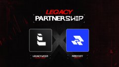 A dark red announcement graphic for a 'LEGACY PARTNERSHIP' between LegacyMod and Roblox, featuring the logos of both brands with a multiplication symbol between them.