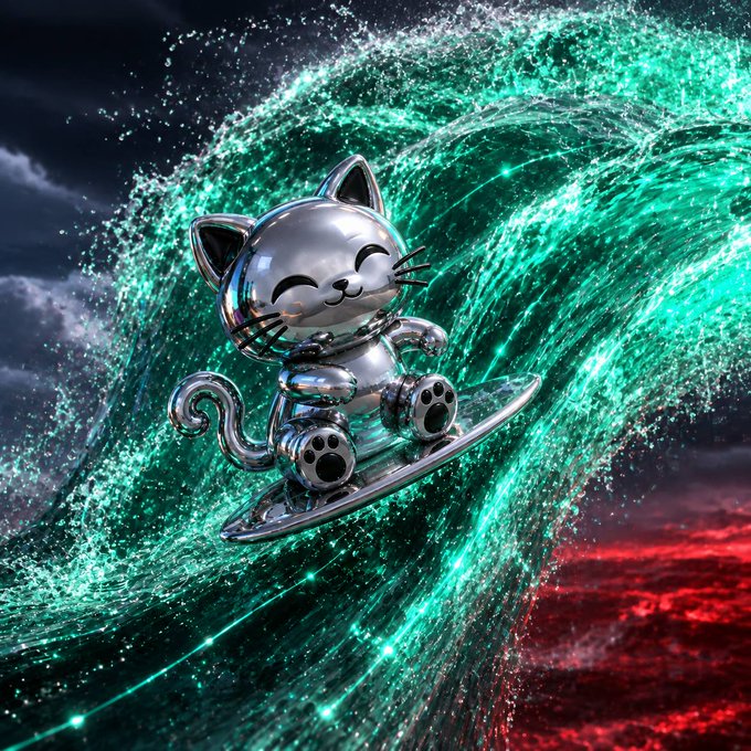 A metallic silver cartoon cat with closed, smiling eyes surfing on a curling, glowing teal wave of water.
