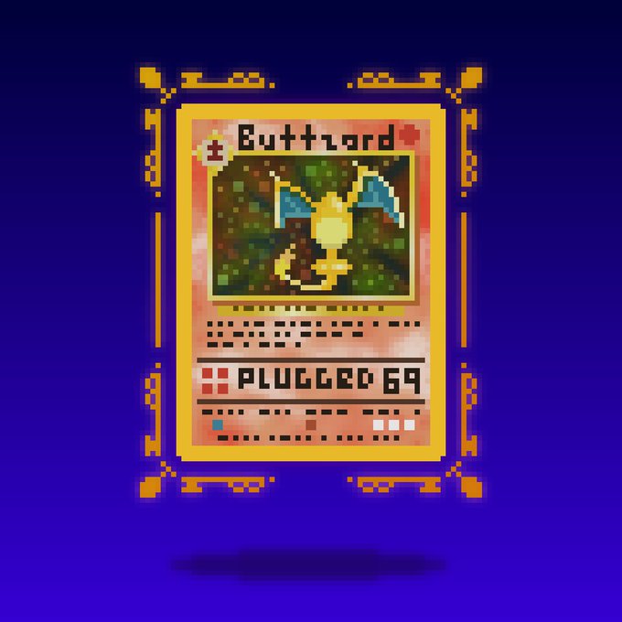 A pixel art "Buttzard" trading card displayed on a blue background, featuring a yellow creature with blue wings, a "PLUGGED 64" stat bar, and an ornate golden frame. The card represents one of the three rare collectibles being given away alongside 10,000 $PONS tokens in the Beradoge promotional contest.