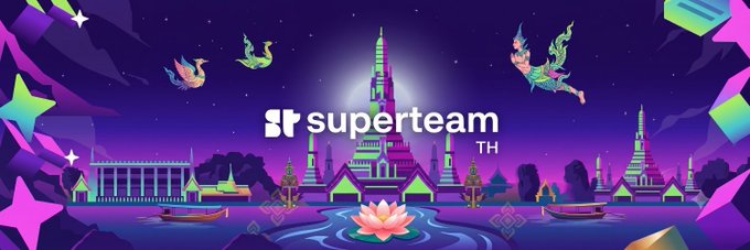 A vibrant neon-lit digital illustration of a Thai cityscape featuring temples, floating mythical creatures, and lotus flowers, centered around the "Superteam TH" logo. The image serves as branding for Superteam Thailand, a Solana ecosystem community, accompanying a post teasing upcoming major news for creators, builders, devs, and designers in the Thai crypto/Web3 community.
