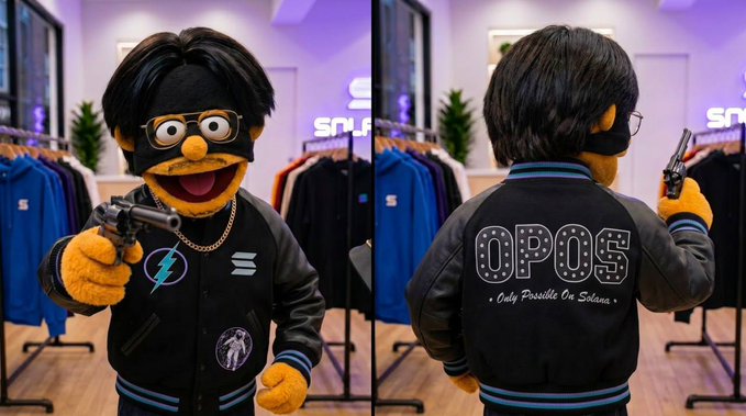A black and white photo of a Sesame Street character, dressed in a black jacket with "OPPOS" written on it, holding a gun against a blue background.
