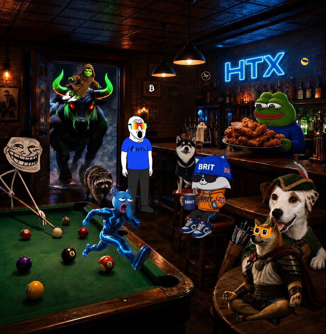 A surreal bar scene featuring various internet meme characters including a Pepe the Frog waiter, Trollface, a screaming blue cat, dogs, and figures wearing 'HTX' and 'BRIT' shirts around a pool table and bar.