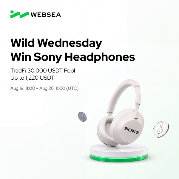 A promotional graphic from WEBSEA for a 'Wild Wednesday' event to 'Win Sony Headphones' with a 'TradFi 30,000 USDT Pool, Up to 1,220 USDT', running from Aug 19, 11:00 – Aug 26, 11:00 (UTC).