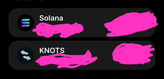 The image shows a dark-themed comparison chart with two entries labeled "Solana" (featuring its gradient logo) and "KNOTS" (featuring a gray knot logo), each accompanied by pink scribbles obscuring additional text, likely prices or metrics. It visually contrasts Solana with the $KNOTS token promoted in the post, which highlights $KNOTS' staking rewards in $STONK as a unique holding incentive, along with the displayed contract address.