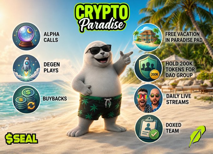 A sunglasses-wearing seal mascot in tropical swim trunks stands on a sunny beach promoting "Crypto Paradise" with $SEAL branding, surrounded by circular icons highlighting features like "Alpha Calls," "Degen Plays," "Buybacks," "Free Vacation in Paradise Pad," "Hold 200K Tokens for DAO Group," "Daily Live Streams," and "Doxed Team." The image visually reinforces the post's themes by emphasizing the buyback/airdrop reward for 100+ DAO members, the lucrative "degen plays," and the playful "Crypto Paradise" lifestyle associated with the $SEAL project.