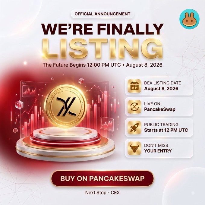 A promotional cryptocurrency listing announcement reads 'OFFICIAL ANNOUNCEMENT - WE'RE FINALLY LISTING' with details stating 'The Future Begins 12:00 PM UTC • August 8, 2026' on PancakeSwap DEX.