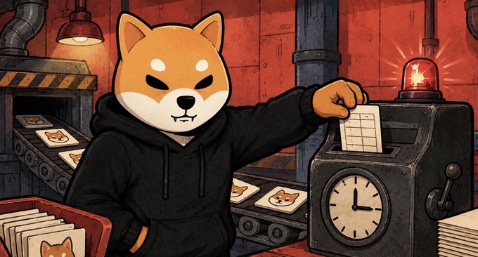 An anthropomorphic Shiba Inu wearing a black hoodie operates a factory assembly line, punching a timecard into a clock-in machine while Shiba Inu memes move along a conveyor belt under a flashing red warning light. The cartoonish industrial scene visually matches the post by humorously personifying the $SHIB mascot as a literal "worker" on the job producing memes.