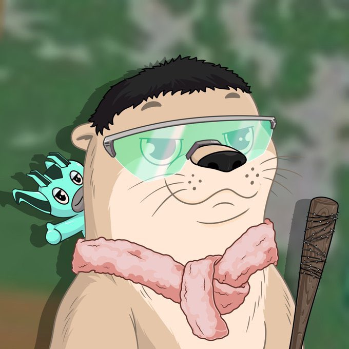 The image shows a cartoon otter character with a smug expression, wearing green-tinted sunglasses and a pink scarf, holding a wooden staff while a small blue creature peeks out from behind its back, all set against a blurred green forest background; this confident, unbothered otter perfectly captures the meme-like "I told you so" attitude referenced in the post about handling the KelpWeaversNFT collection, where despite name-calling and accusations of "killing the project" over launch-day gas issues with the 8888-item mint priced at $2, the creator stands firm and unbothered like the cool, sunglasses-wearing otter, suggesting resilience and a playful dismissal of the criticism.