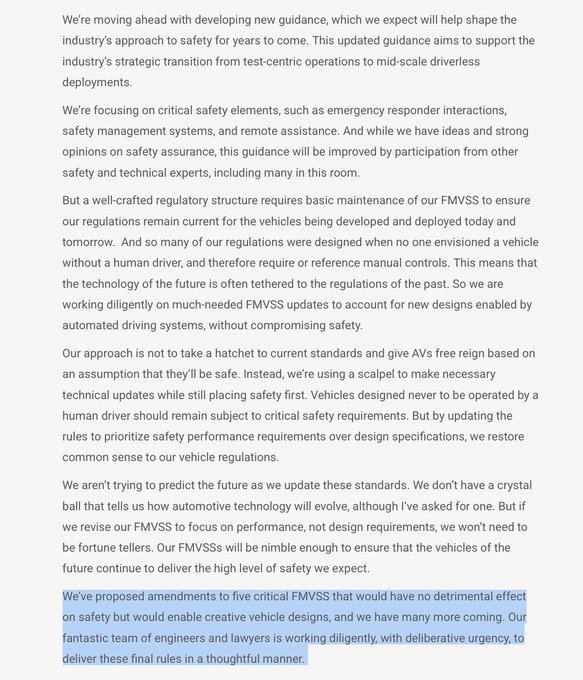 A document discussing FMVSS regulations for autonomous vehicles, with the final paragraph highlighted in blue regarding proposed amendments to five critical FMVSS.