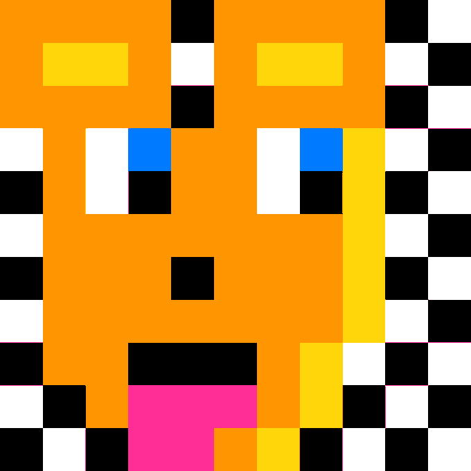 A low-resolution pixel art image depicting a face with orange skin, yellow eyebrows, blue and white eyes, and a pink tongue, set against a black and white checkered background.