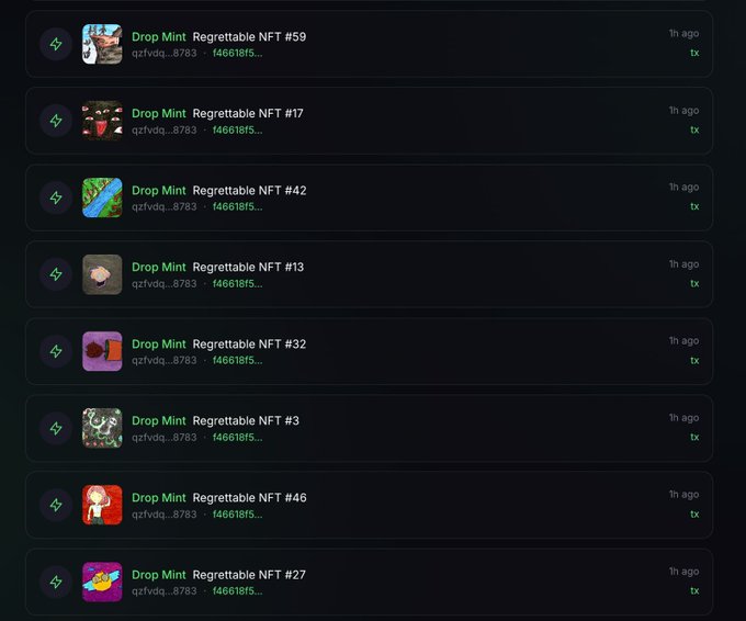 A dark-mode NFT marketplace activity feed showing multiple 'Drop Mint: Regrettable NFT' entries (#3, #13, #17, #27, #32, #42, #46, #59) all linked to wallet address 'qztvwdq...8783' and contract 'f46618f5...'.