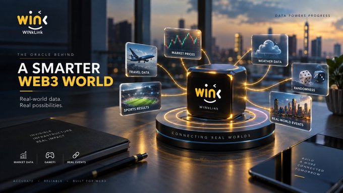 A promotional image for "WinkLink" with the tagline "A SMARTER WEB3 WORLD" and "DATA POWERS PROGRESS," showing various data categories like Market Prices, Travel Data, and Weather Data.