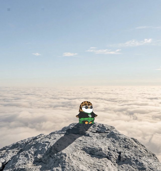 A small plush figure wearing a green and black outfit with the number "18" stands atop a rocky peak above a sea of clouds, symbolizing finding calm and balance above the chaos. The image visually reinforces the post's message about avoiding the frantic, sleepless hustle of trading and instead prioritizing rest, discipline, and clarity to succeed.